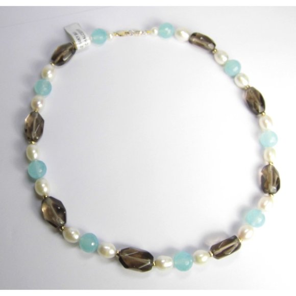 14KY Chalcedony Pearl Smoky Quartz Gold NECKLACE - Picture 6 of 11